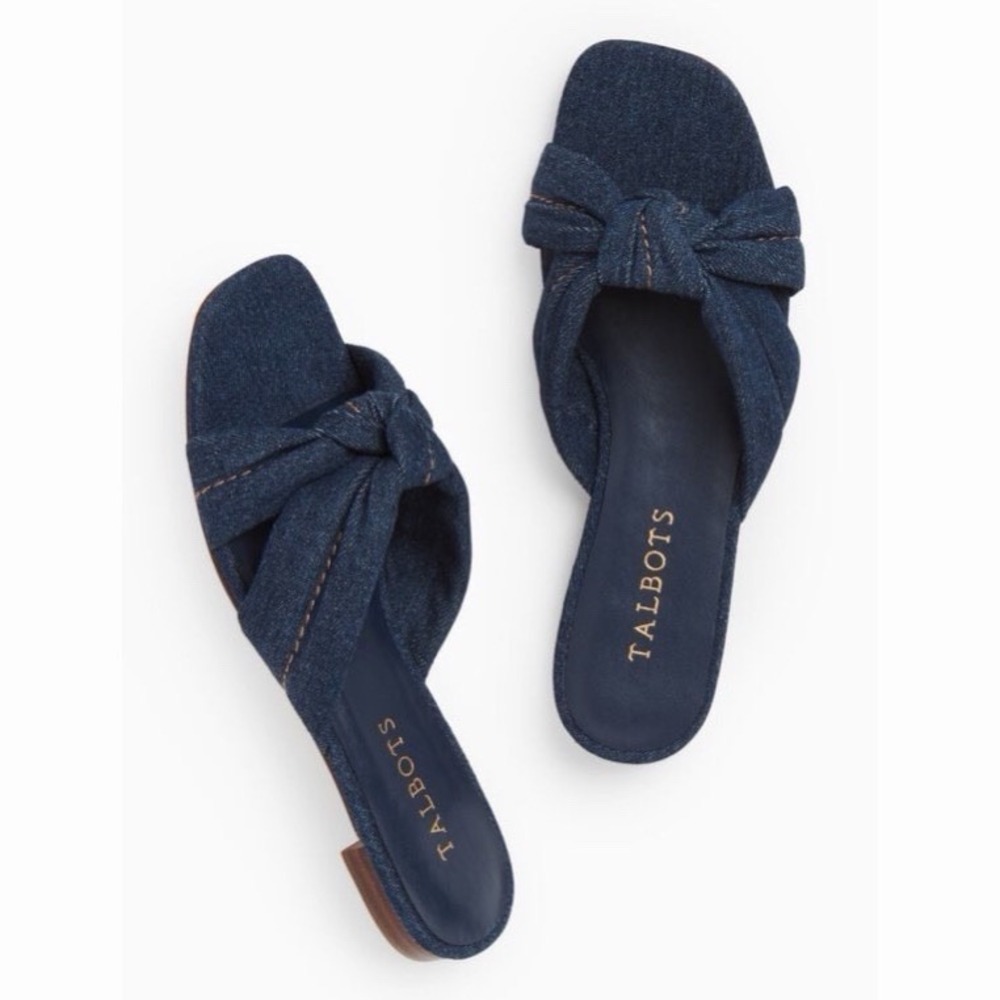 Talbots Violet Knot Slides Denim Sandals Open Square Toe Size 7 Comfort Cute